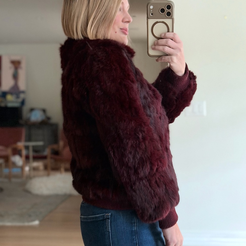 RARE Vintage 70’s Bomber Rabbit Fur Jacket Medium Burgundy Wine Maroon Red Coat